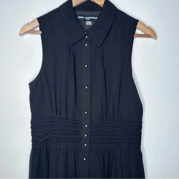 Karl Lagerfeld Paris NWOT Black Sleeveless Button-Up Ruched Waist Dress Size 8 - Picture 2 of 8